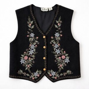 TanTrums Vtg Wool Floral Embroidered Vest Black S Boho Cottagecore Witchy Fairy